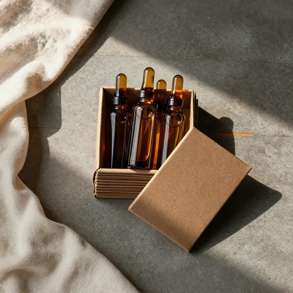 Overhead flat lay of amber fragrance refill vials, kraft wrap, and linen on cool concrete.