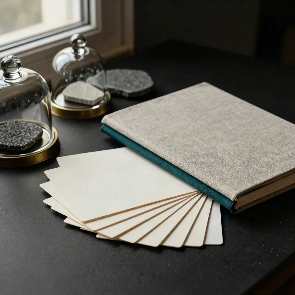 Scent workshop kit with sample cards, domes, swatches and notebook on a dark surface.