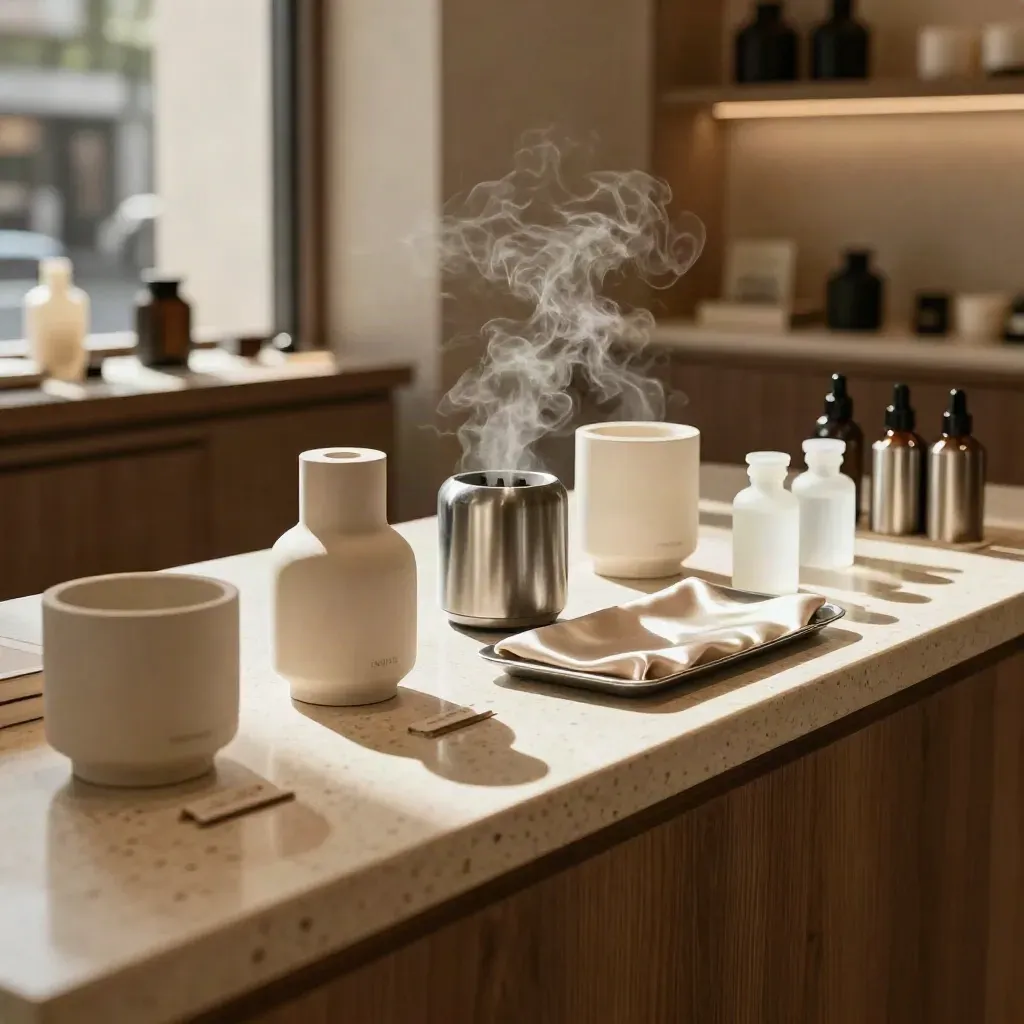 Boutique scent setup on a polished counter with diffusers, refill units, vials and drifting mist.