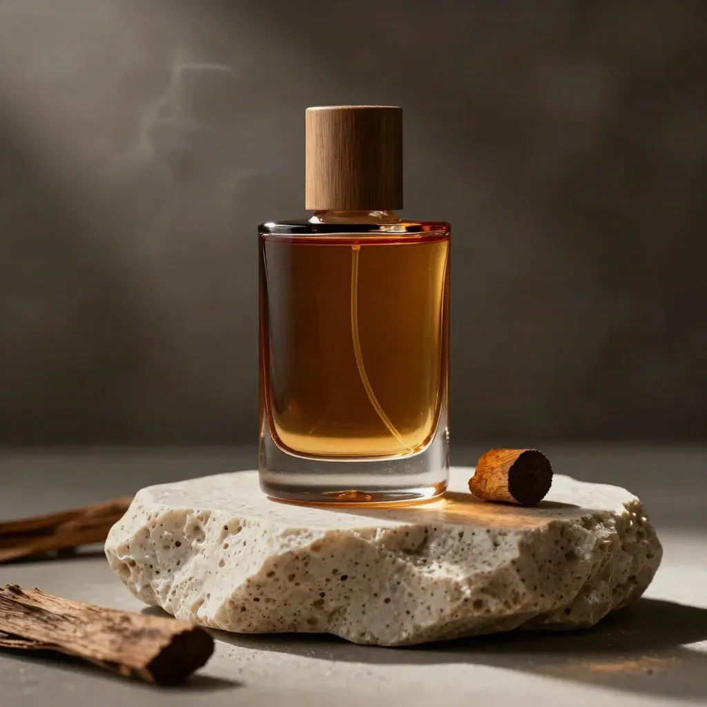 Amber scent bottle on travertine with cedar chip, dramatic studio product hero.