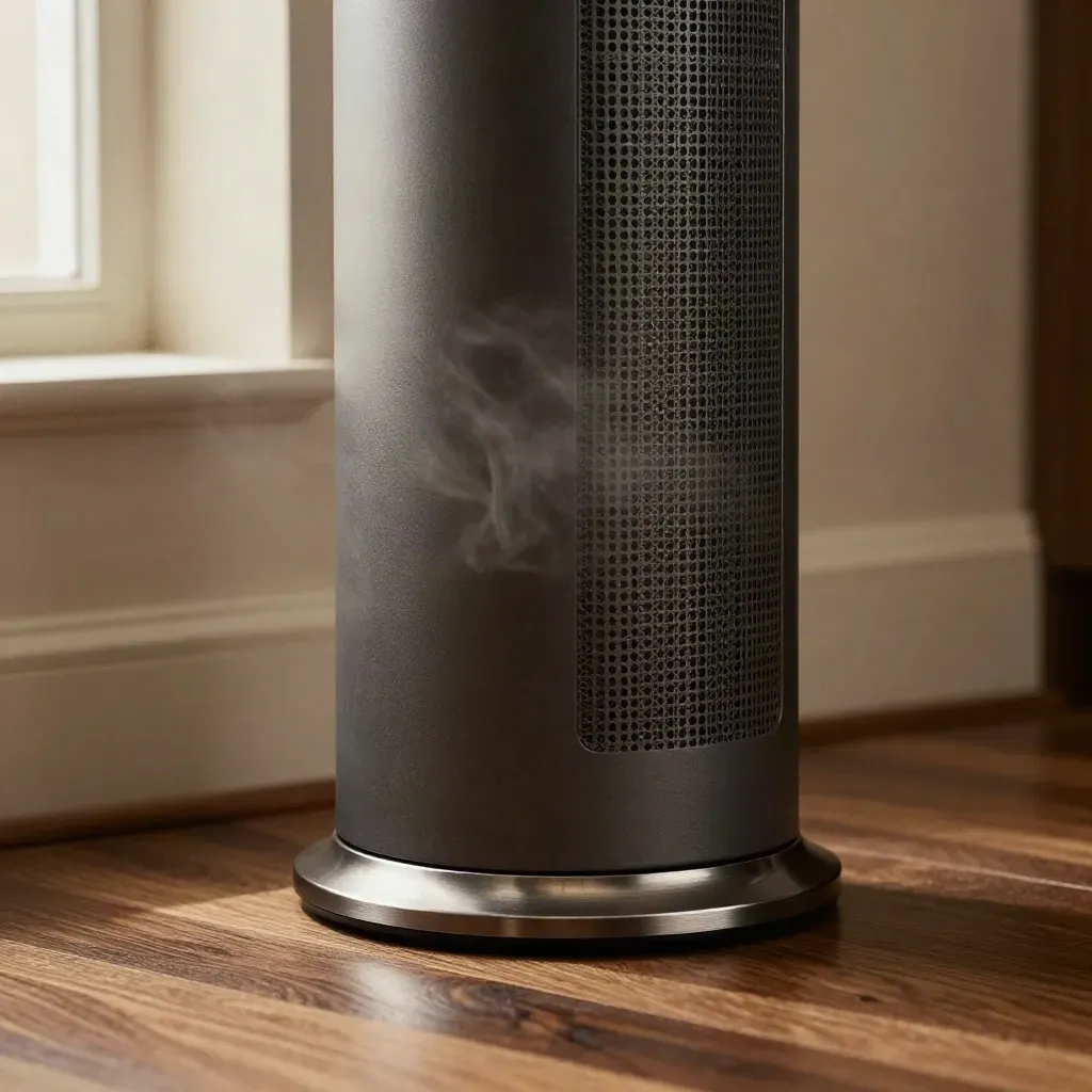Matte charcoal lobby diffuser floor unit with vented grille in a hotel niche