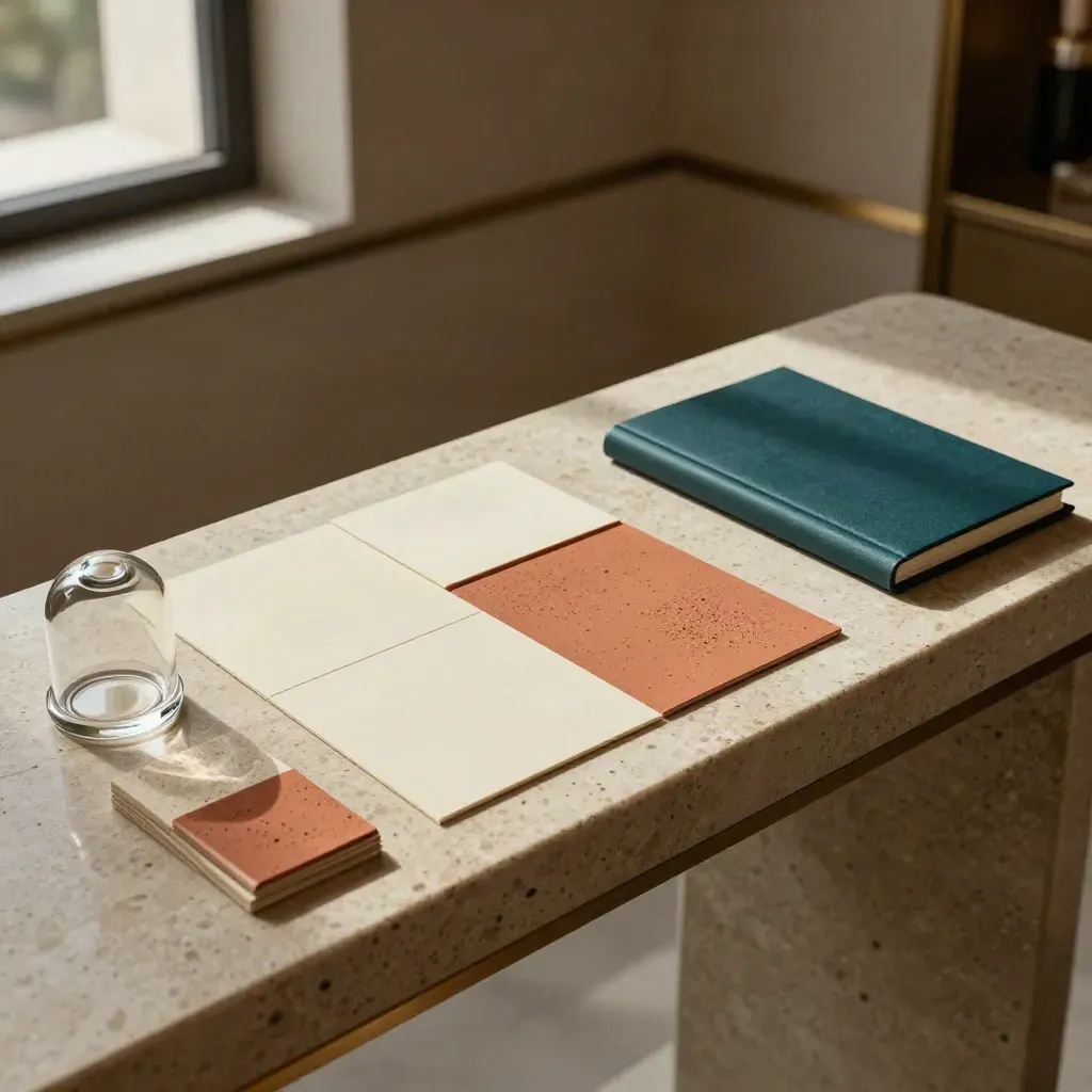 Scent map kit on a hotel console with sample cards, glass domes, swatches and a closed notebook.