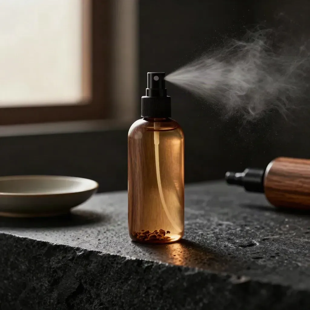 Warm cedar spray bottle with cedar chips and mist on a dark stone ledge.
