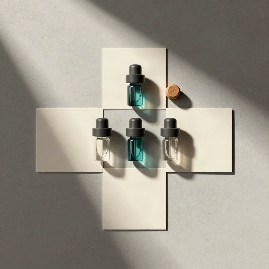 Ivory scent cards with three vials and cedar chip in a precise overhead flatlay.