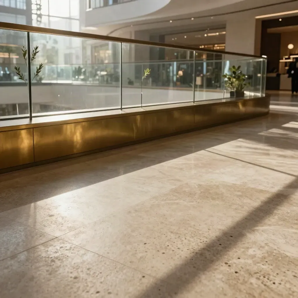 Sunlit atrium with travertine, brass planters, glass balustrade and soft mist.